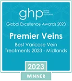 Global health and pharma - Premier veins - best for varicose vein treatments, 2022, the midlands. Winner.